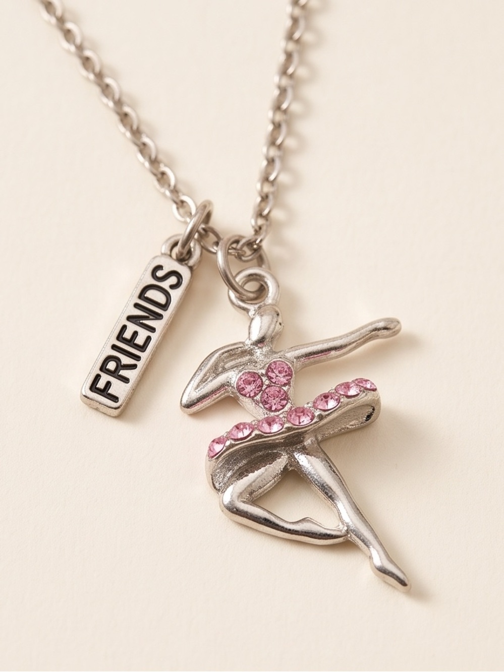 Silver Ballerina Pendant Necklace with Pink Crystals and Friends Tag